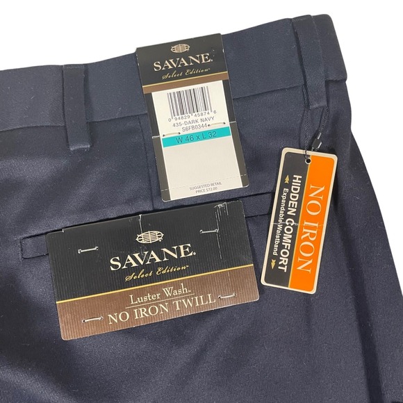 New Savane Select Edition Dress Pants Mens 46x32 Dark Navy Pleated No Iron Twill - Picture 1 of 11